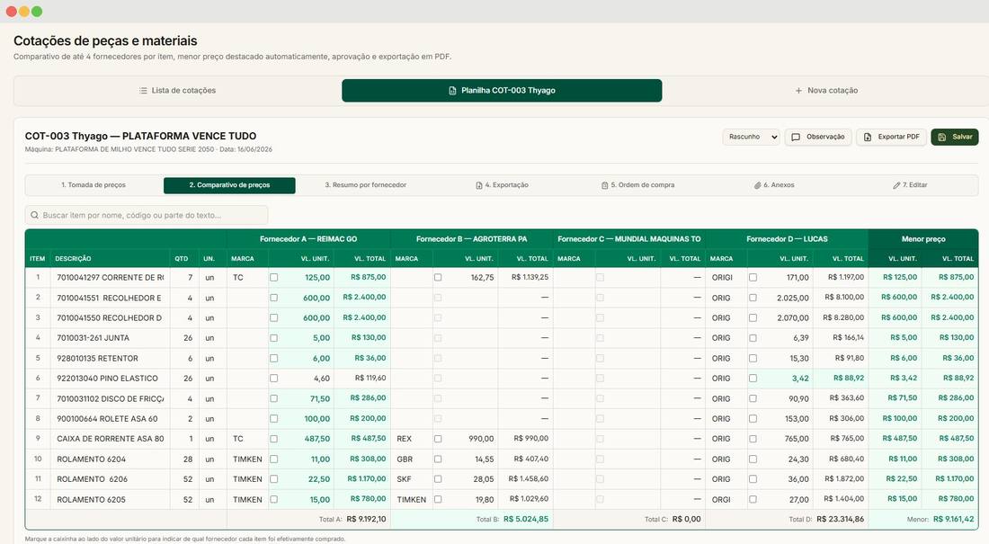 Tela de cotações de peças e materiais